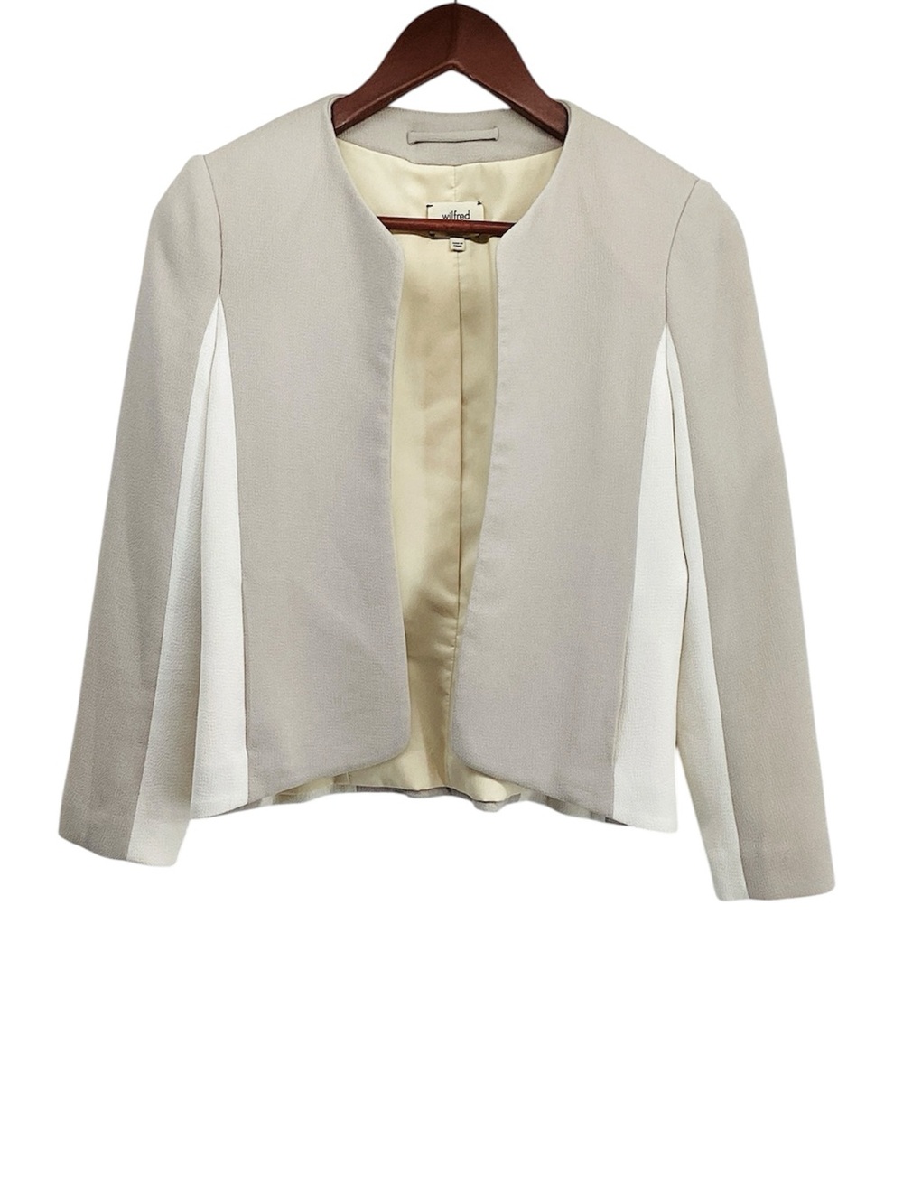 🐵 Wilfred Pleated Panel Open-Front Jacket - Beige & White, Size 0